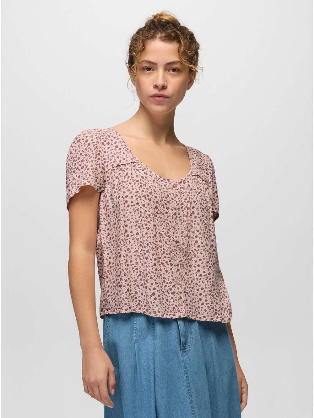 Prana Dusty Pink Floral Scoop-Neck Short Sleeve Top